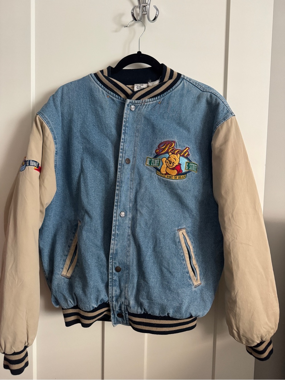 Vintage-Inspired Denim Bomber Jacket with Beige Sleeves